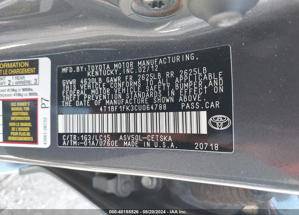 2012 TOYOTA CAMRY VIN: 4T1BF1FK3CU064788