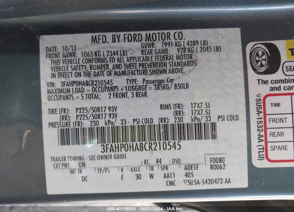 2012 FORD FUSION SE VIN: 3FAHP0HA8CR210545