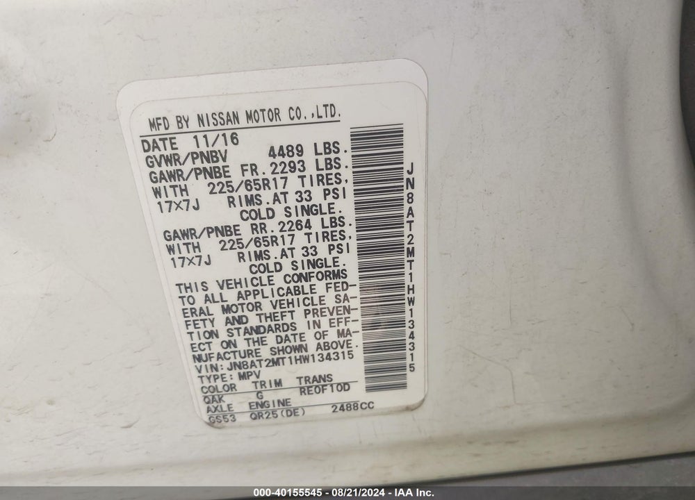 2017 NISSAN ROGUE S VIN: JN8AT2MT1HW134315