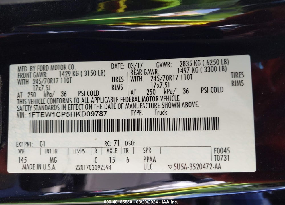 2017 FORD F-150 XLT VIN: 1FTEW1CP5HKD09787