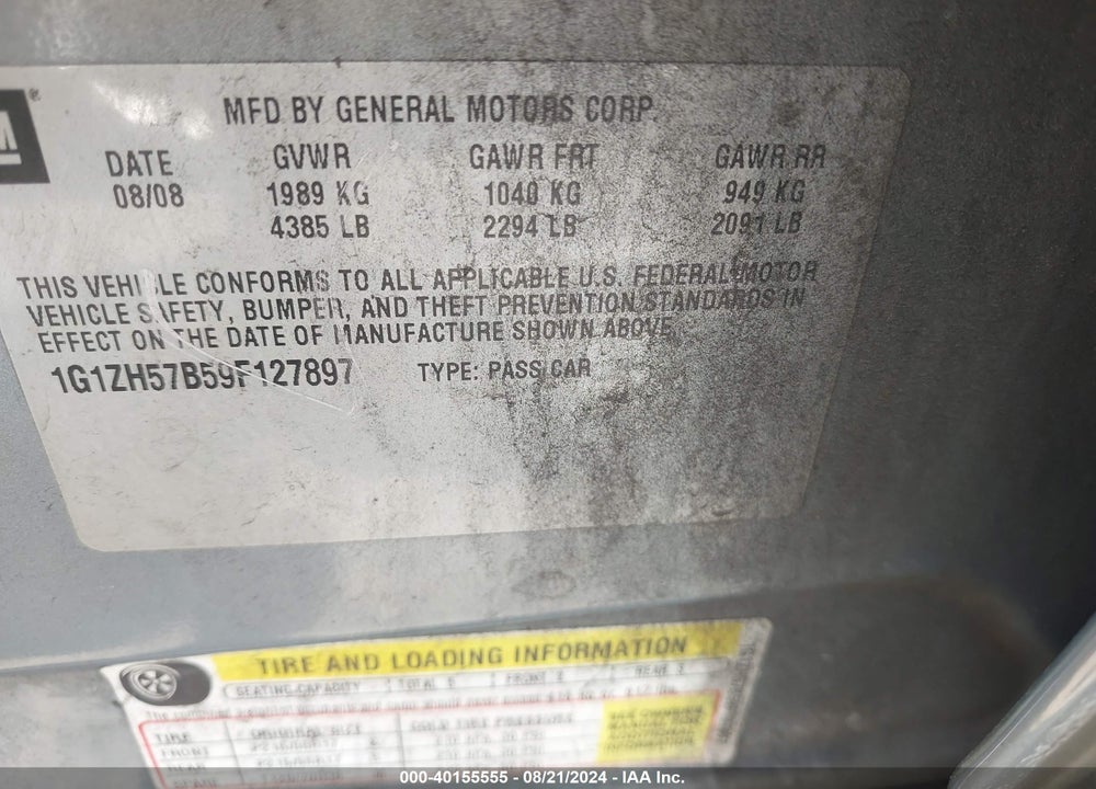 2009 CHEVROLET MALIBU LT VIN: 1G1ZH57B59F127897