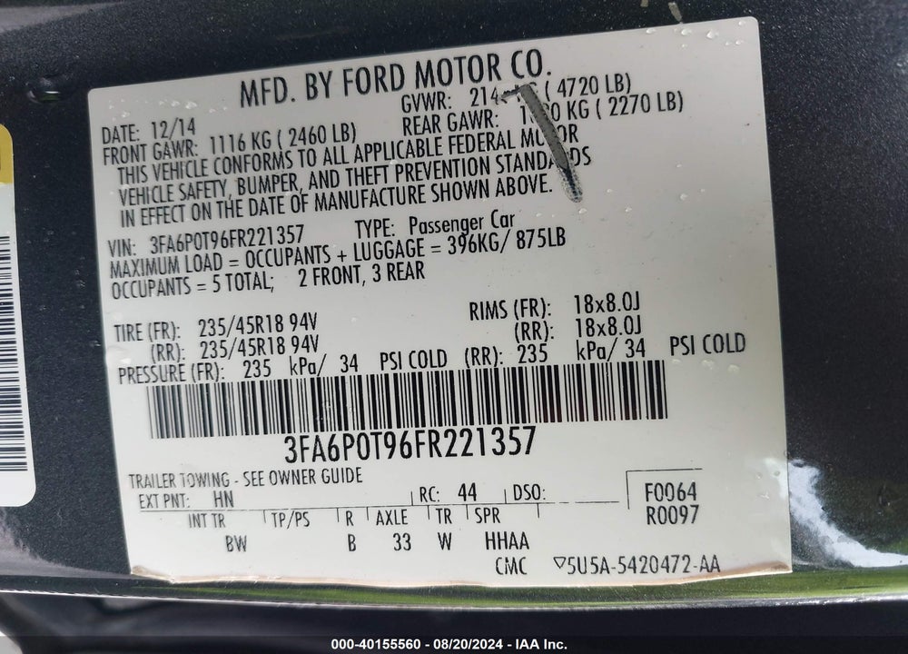 2015 FORD FUSION SE VIN: 3FA6P0T96FR221357