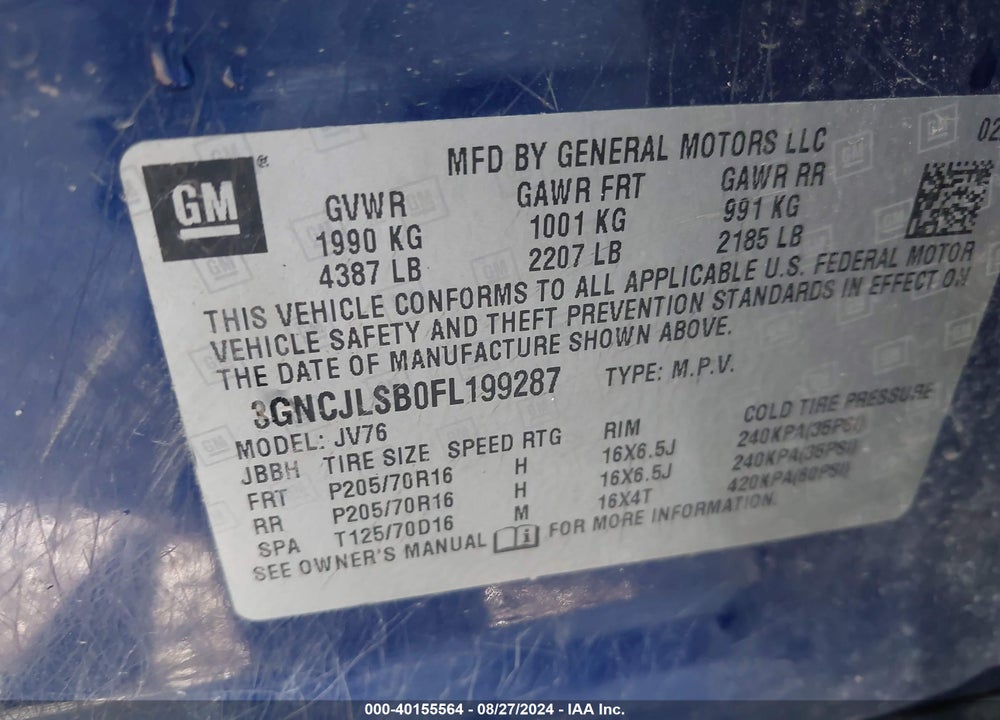 2015 CHEVROLET TRAX VIN: 3GNCJLSB0FL199287