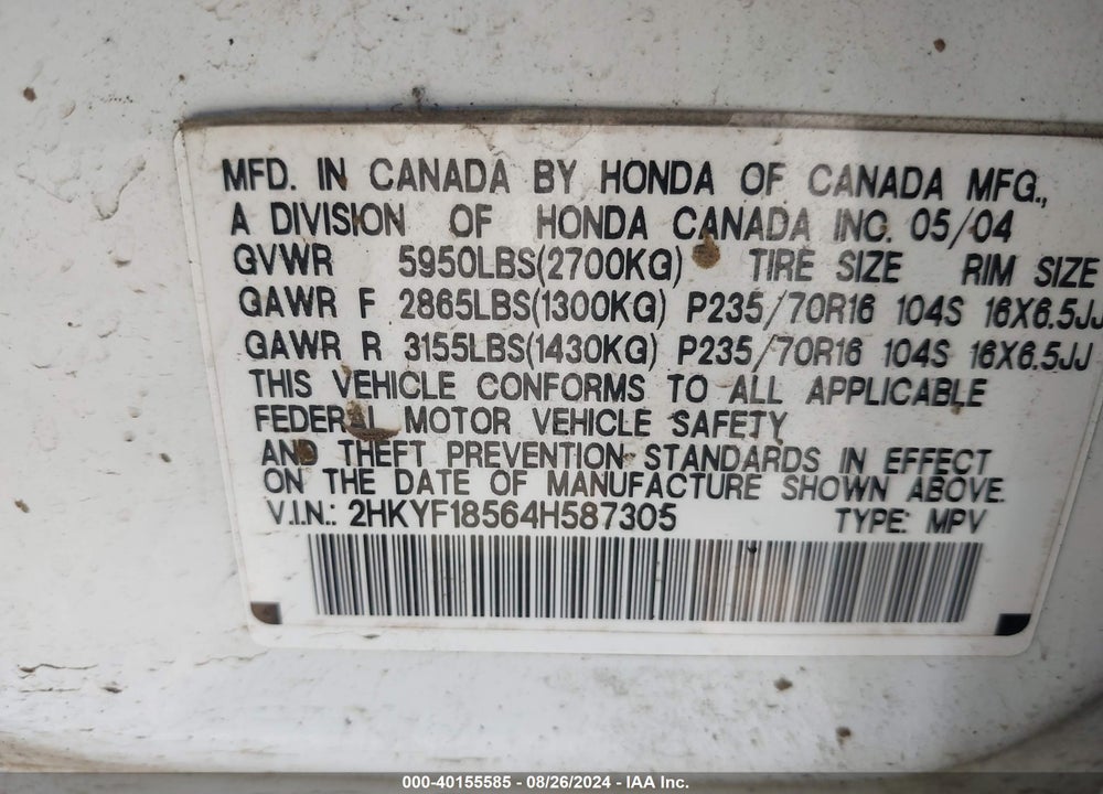 2004 HONDA PILOT EX-L VIN: 2HKYF18564H587305