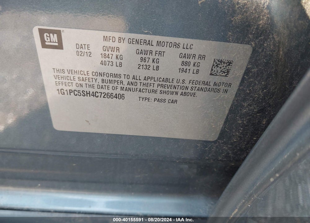 2012 CHEVROLET CRUZE LS VIN: 1G1PC5SH4C7266406
