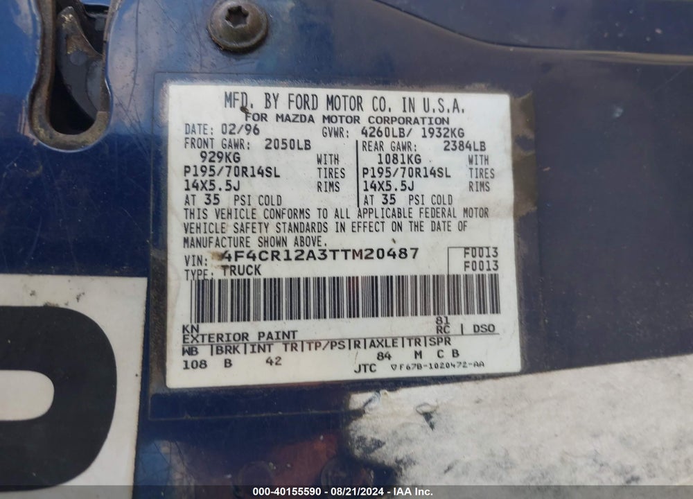 1996 MAZDA B2300 VIN: 4F4CR12A3TTM20487