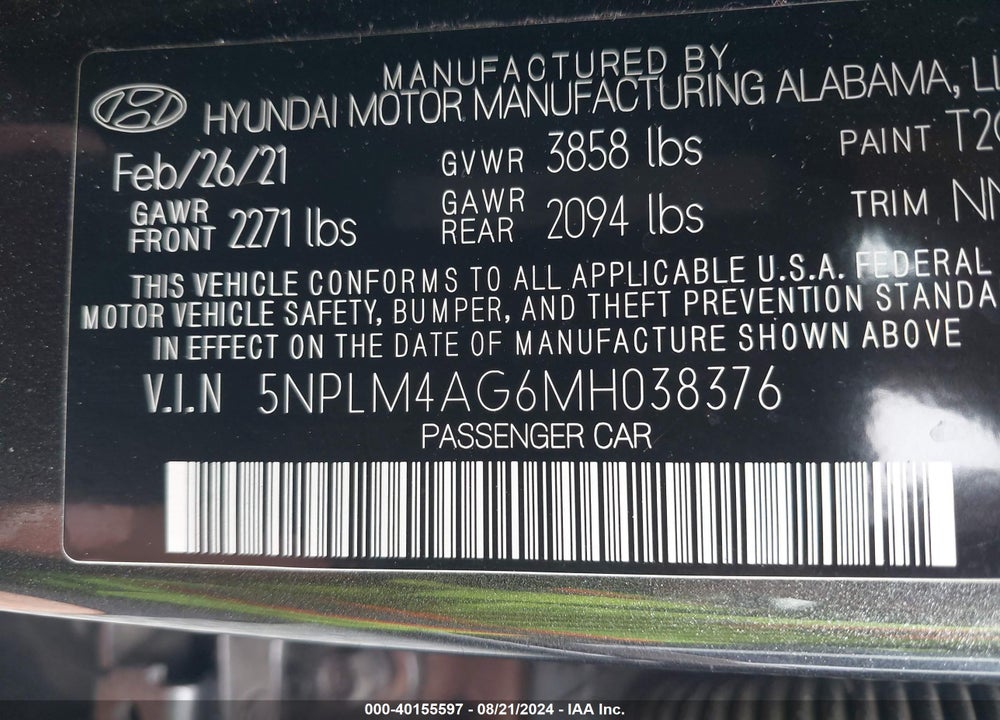 2021 HYUNDAI ELANTRA SEL VIN: 5NPLM4AG6MH038376