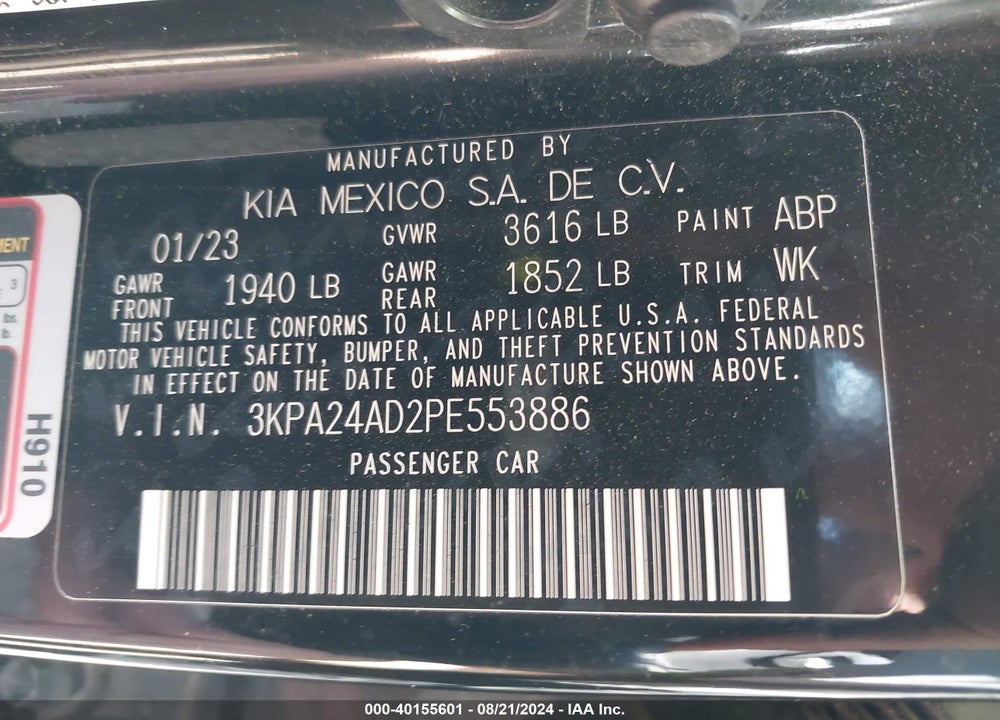 2023 KIA RIO LX VIN: 3KPA24AD2PE553886