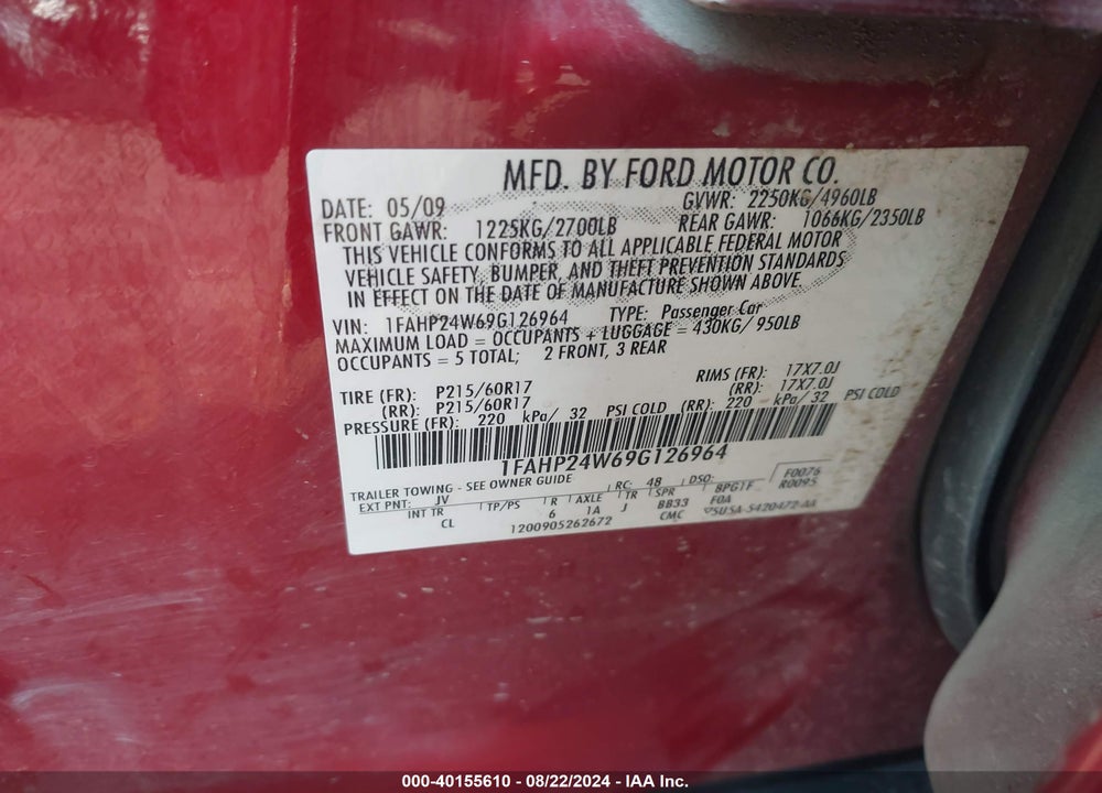 2009 FORD TAURUS SEL VIN: 1FAHP24W69G126964