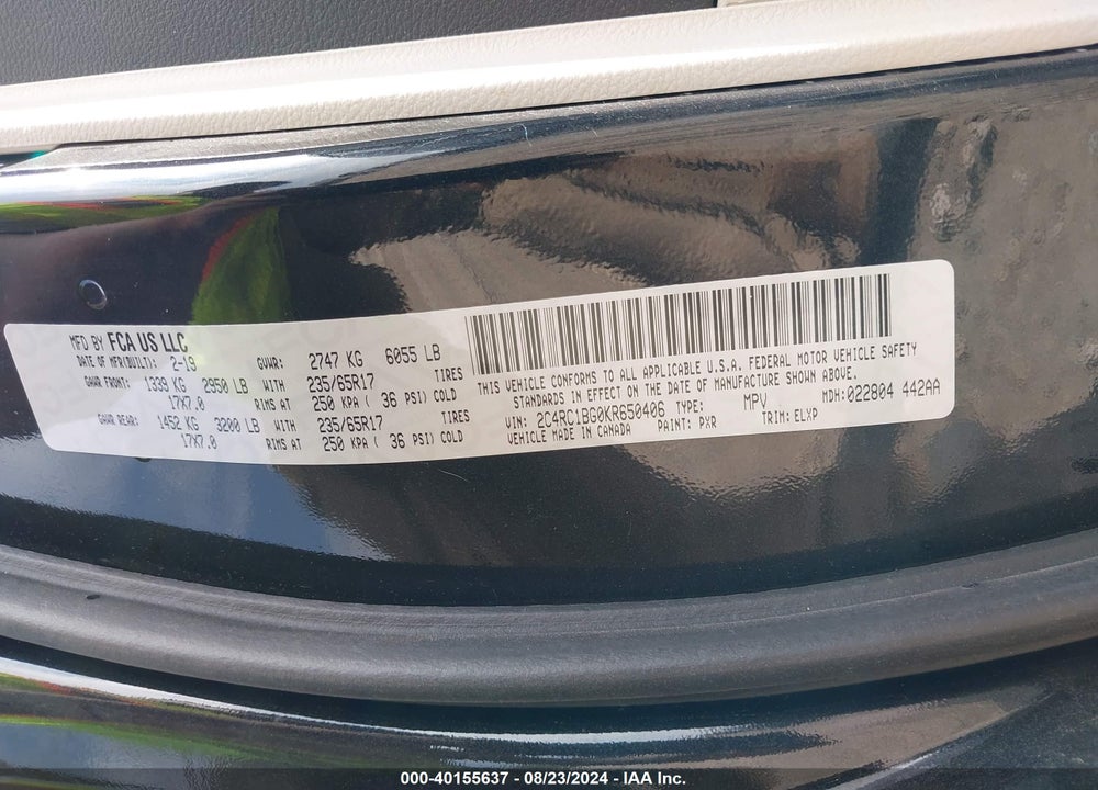 2019 CHRYSLER PACIFICA VIN: 2C4RC1BG0KR650406