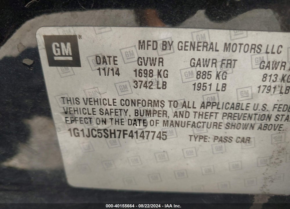 2015 CHEVROLET SONIC LT AUTO VIN: 1G1JC5SH7F4147745