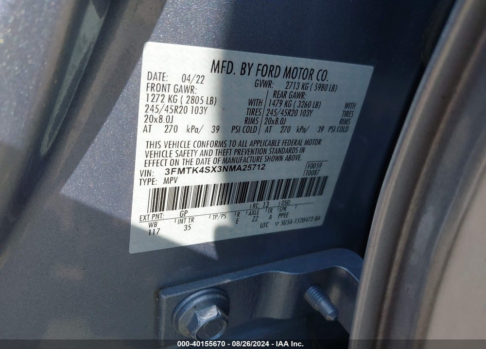 2022 FORD MUSTANG MACH-E GT VIN: 3FMTK4SX3NMA25712