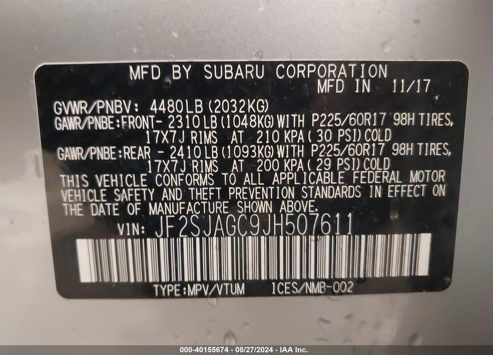 2018 SUBARU FORESTER VIN: JF2SJAGC9JH507611