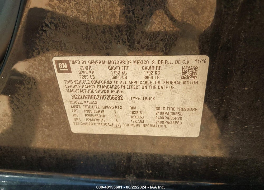 2017 CHEVROLET SILVERADO 1500 2LT VIN: 3GCUKREC2HG255582