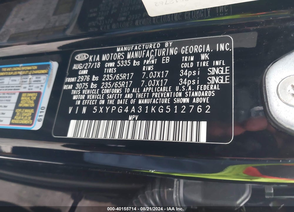 2019 KIA SORENTO 2.4L LX VIN: 5XYPG4A31KG512762