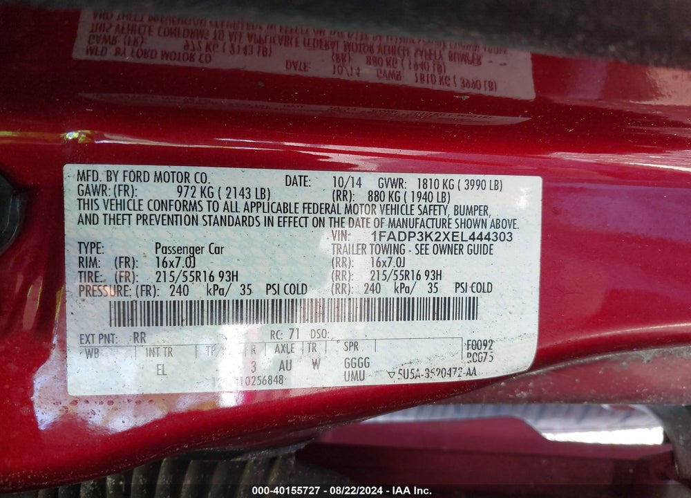 2014 FORD FOCUS SE VIN: 1FADP3K2XEL444303