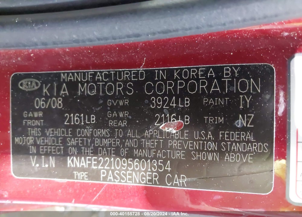 2009 KIA SPECTRA EX VIN: KNAFE221095601354
