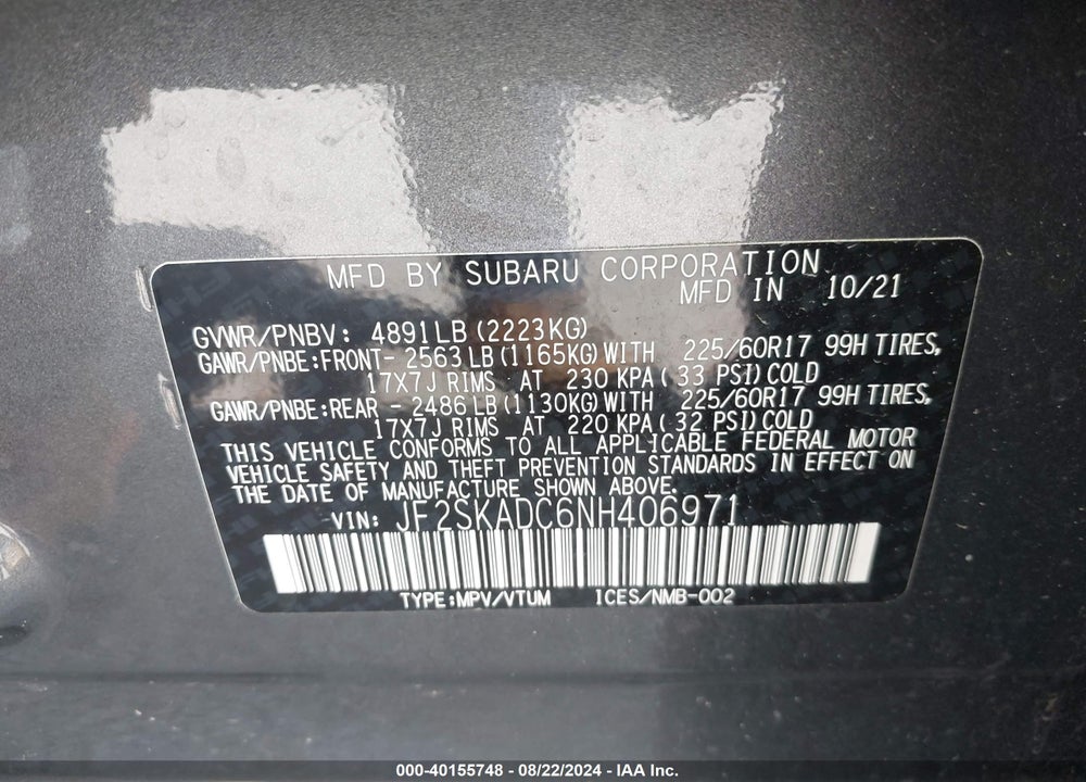 2022 SUBARU FORESTER PREMIUM VIN: JF2SKADC6NH406971
