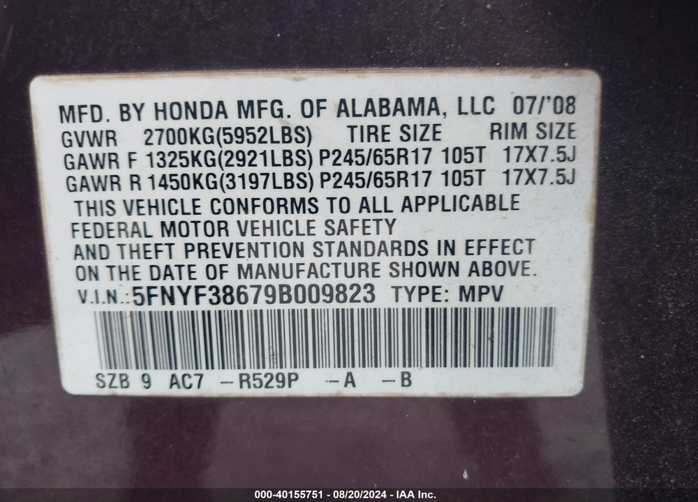 2009 HONDA PILOT EX-L VIN: 5FNYF38679B009823