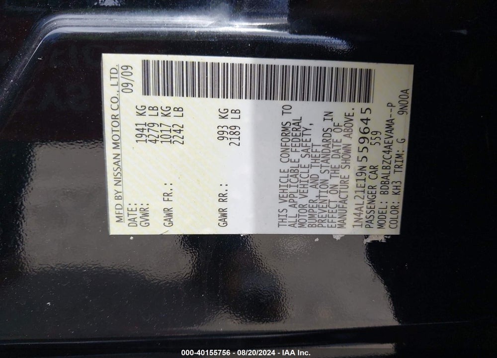 2009 NISSAN ALTIMA 2.5 S VIN: 1N4AL21E19N559645