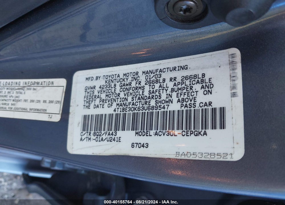 2003 TOYOTA CAMRY LE/SE/XLE VIN: 4T1BE30K63U689547