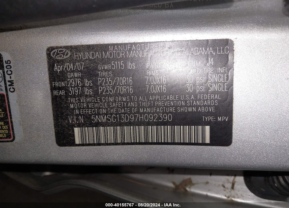 2007 HYUNDAI SANTA FE GLS VIN: 5NMSG13D97H092390
