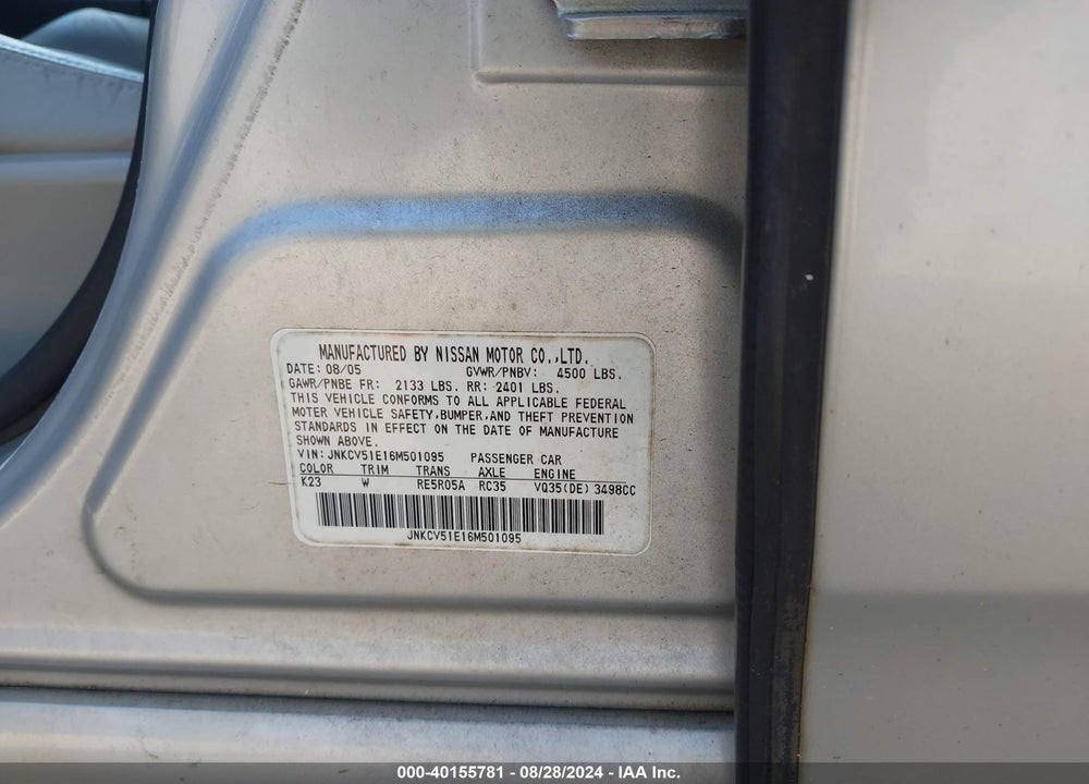 2006 INFINITI G35 VIN: JNKCV51E16M501095