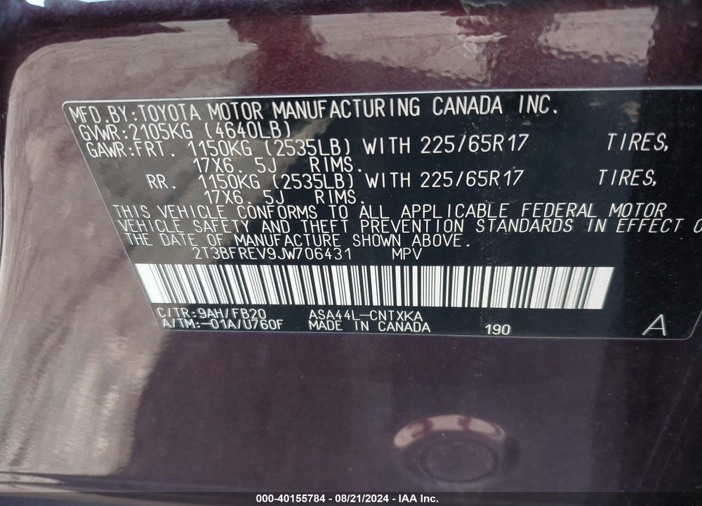 2018 TOYOTA RAV4 LE VIN: 2T3BFREV9JW706431