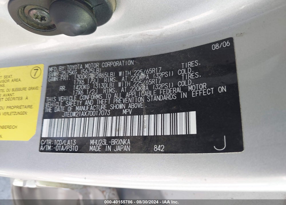 2007 TOYOTA HIGHLANDER HYBRID LIMITED V6 VIN: JTEDW21AX70017073