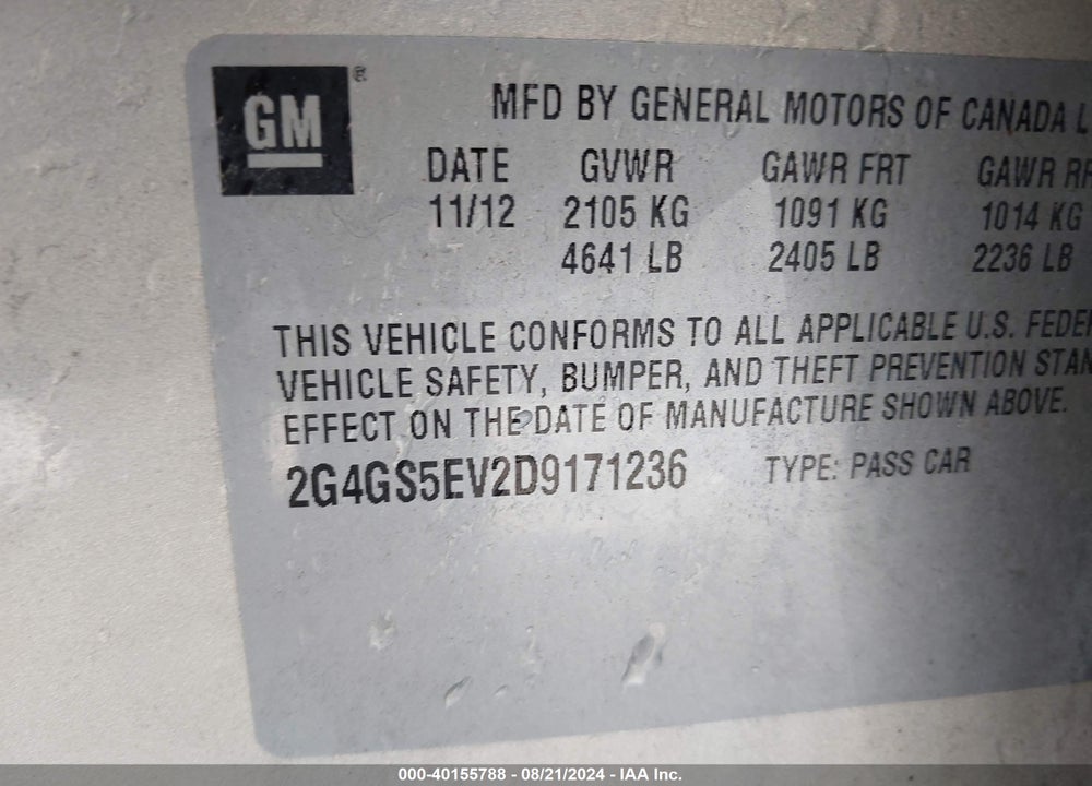 2013 BUICK REGAL TURBO PREMIUM 1 VIN: 2G4GS5EV2D9171236