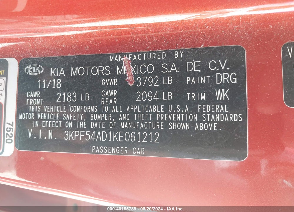 2019 KIA FORTE EX VIN: 3KPF54AD1KE061212