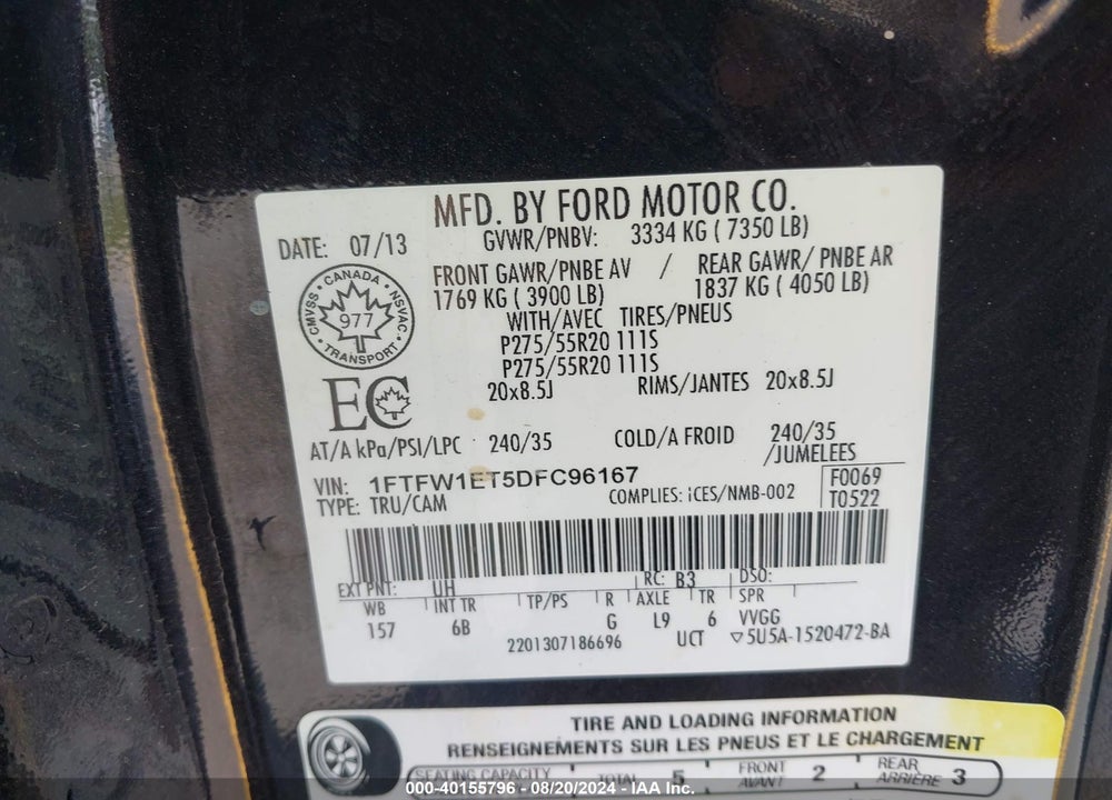 2013 FORD F-150 FX4 VIN: 1FTFW1ET5DFC96167