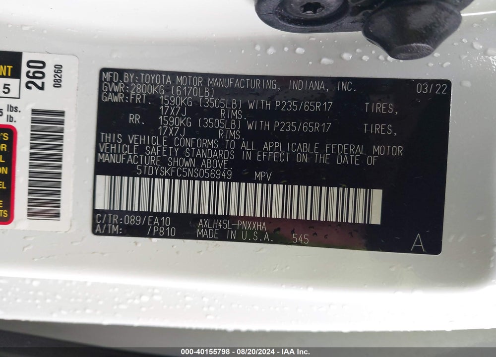 2022 TOYOTA SIENNA XLE VIN: 5TDYSKFC5NS056949