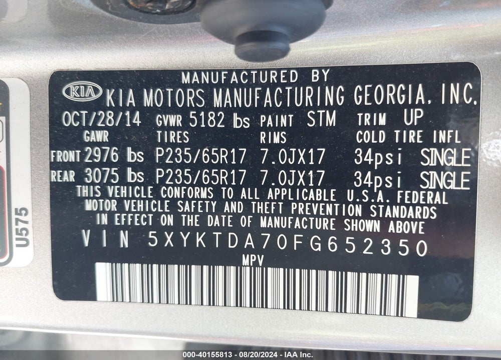 2015 KIA SORENTO LX V6 VIN: 5XYKTDA70FG652350