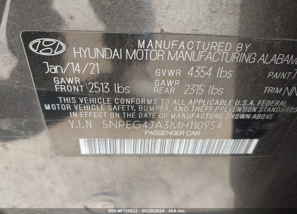 2021 HYUNDAI SONATA SE VIN: 5NPEG4JA3MH110954