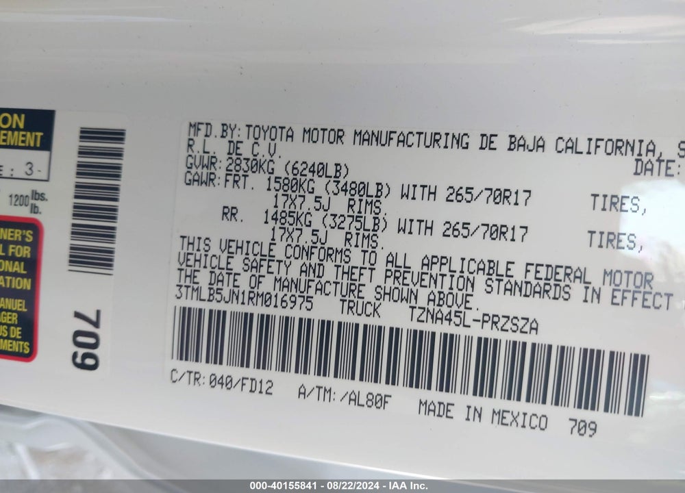 2024 TOYOTA TACOMA TRD OFF ROAD VIN: 3TMLB5JN1RM016975