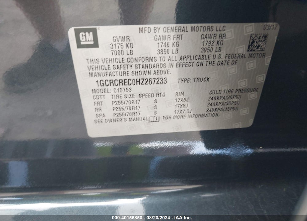 2017 CHEVROLET SILVERADO 1500 VIN: 1GCRCREC0HZ267233