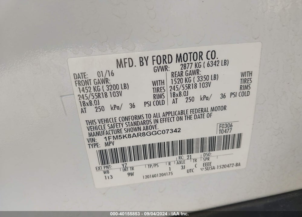 2016 FORD UTILITY POLICE INTERCEPTOR VIN: 1FM5K8AR8GGC07342