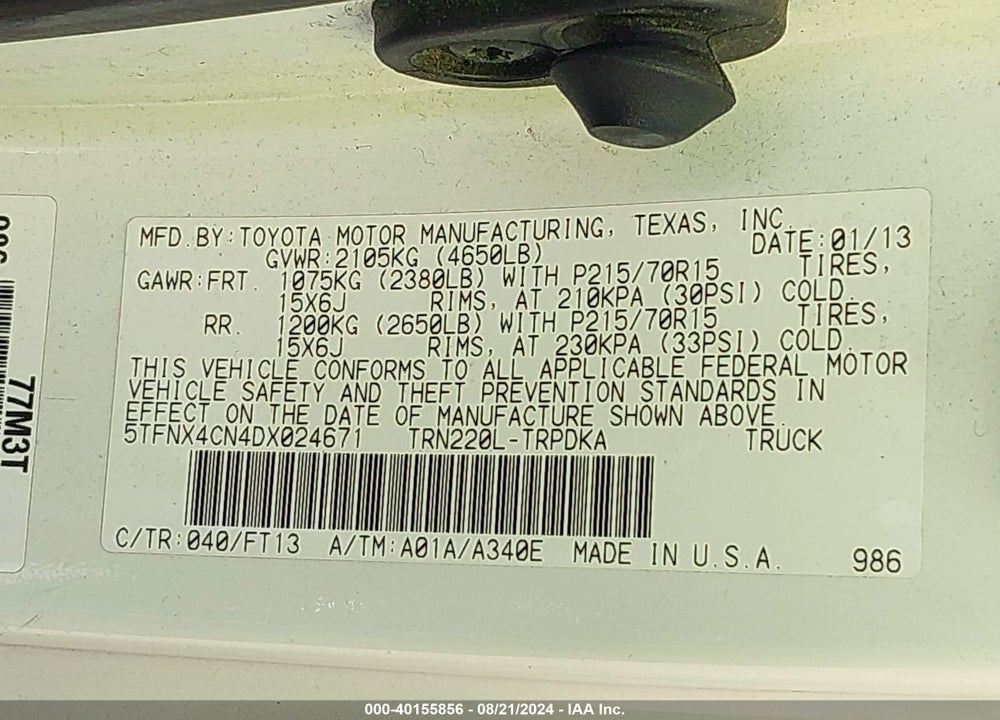 2013 TOYOTA TACOMA VIN: 5TFNX4CN4DX024671