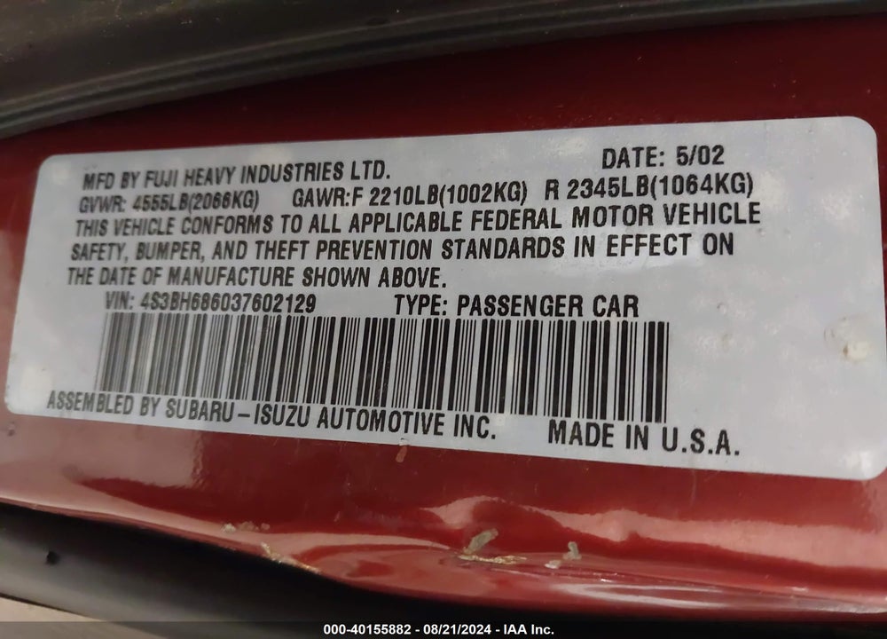 2003 SUBARU OUTBACK LIMITED VIN: 4S3BH686037602129