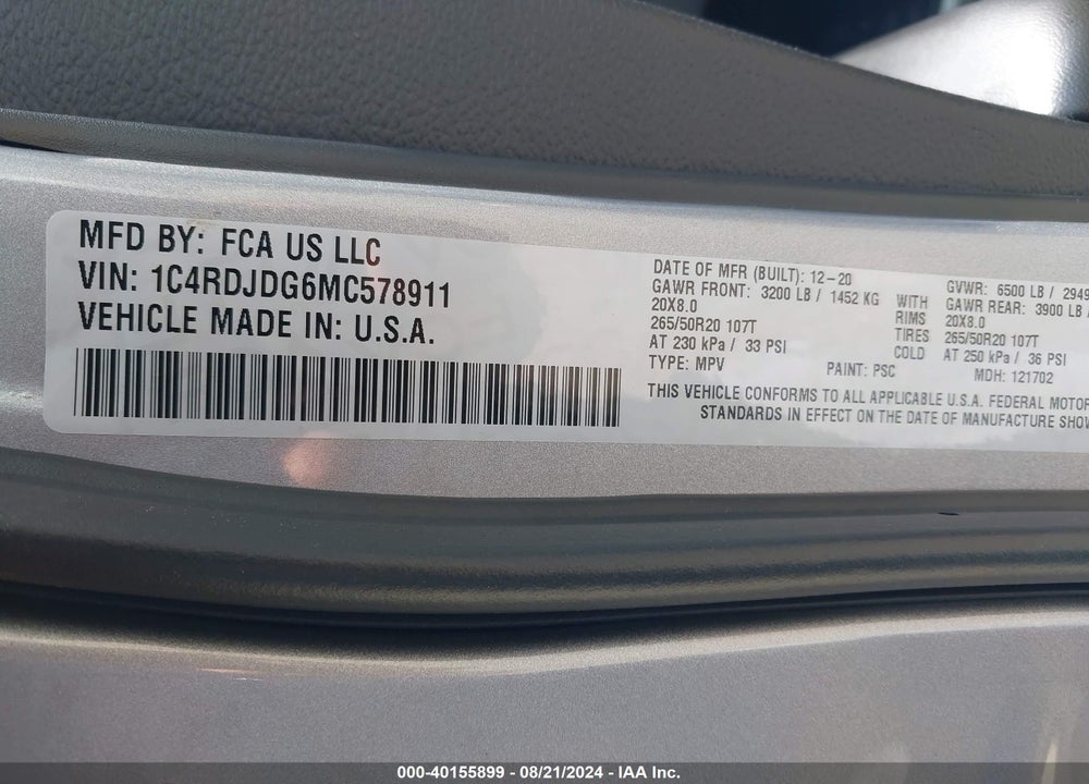 2021 DODGE DURANGO GT PLUS AWD VIN: 1C4RDJDG6MC578911