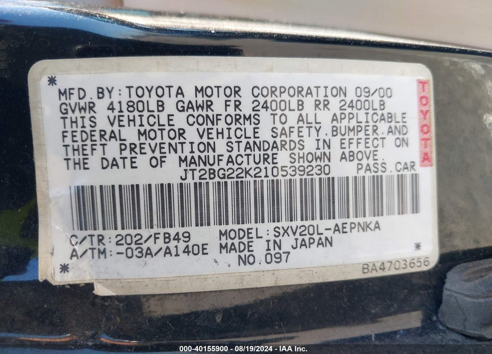 2001 TOYOTA CAMRY LE VIN: JT2BG22K210539230