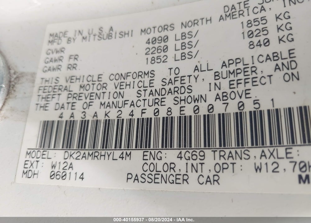 2008 MITSUBISHI ECLIPSE GS VIN: 4A3AK24F08E007051