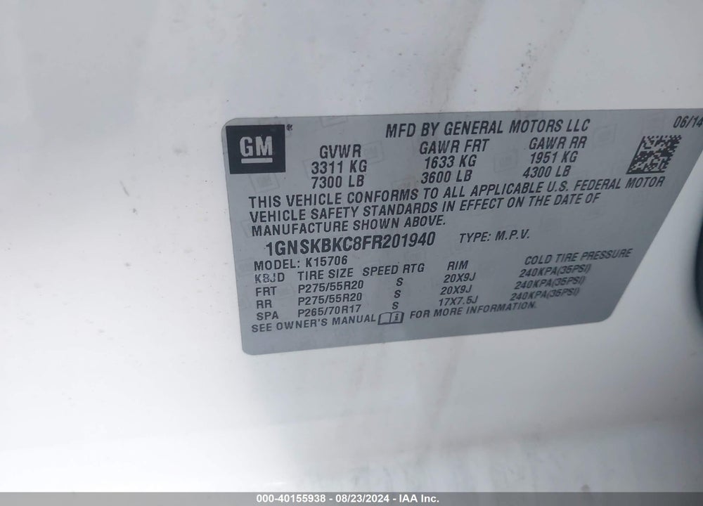2015 CHEVROLET TAHOE LT VIN: 1GNSKBKC8FR201940