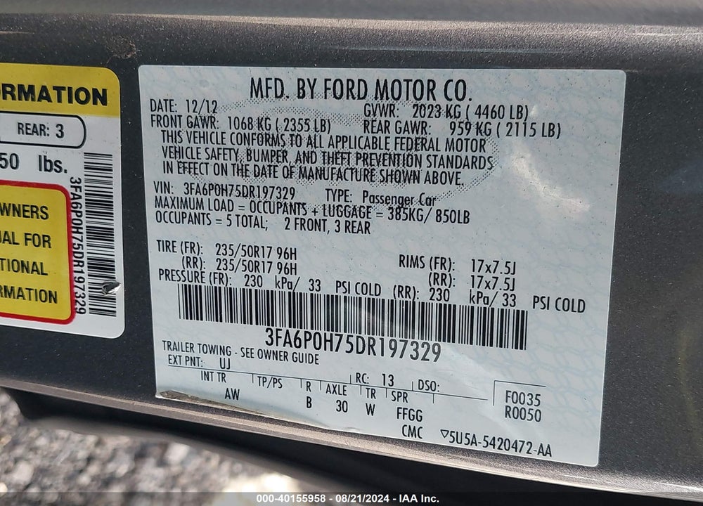 2013 FORD FUSION SE VIN: 3FA6P0H75DR197329