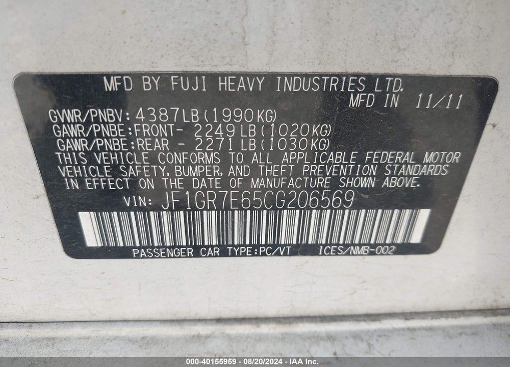 2012 SUBARU IMPREZA VIN: JF1GR7E65CG206569