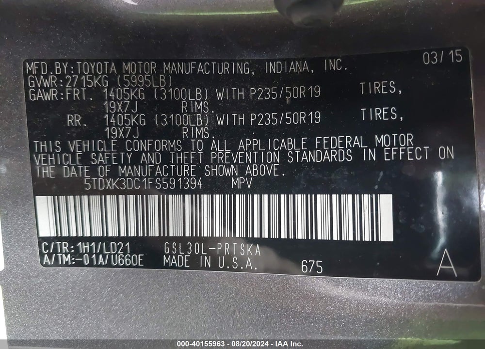 2015 TOYOTA SIENNA SE 8 PASSENGER VIN: 5TDXK3DC1FS591394