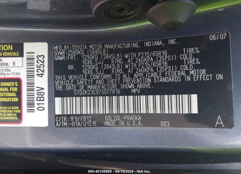 2007 TOYOTA SIENNA CE VIN: 5TDZK23C97S077816
