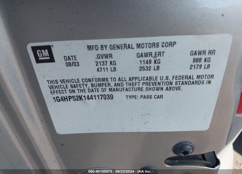 2004 BUICK LESABRE CUSTOM VIN: 1G4HP52K144117039