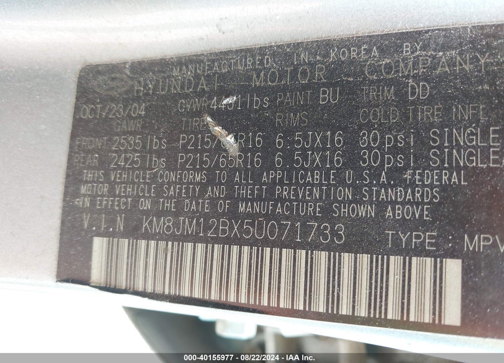 2005 HYUNDAI TUCSON GL VIN: KM8JM12BX5U071733